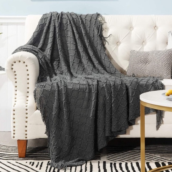 Urban Outfitters Other - Dark Grey Diamond Tassel Knit Throw Cozy Fringe Patterned Cold Weather Blanket